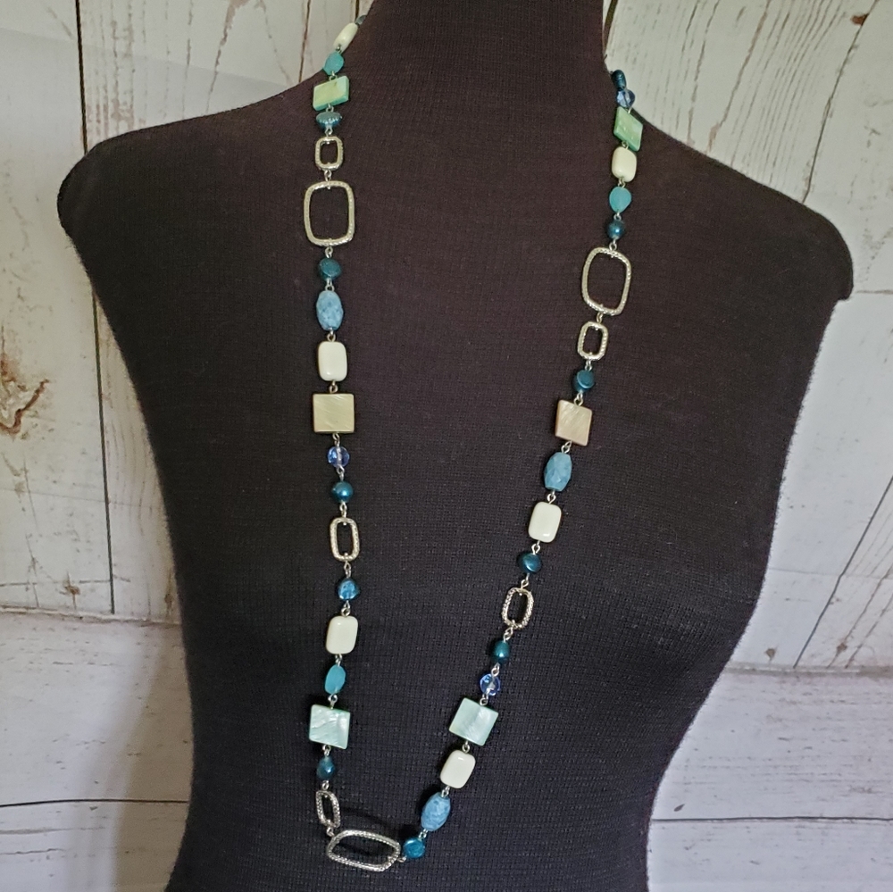 Lia Sophia silvertone rectangle blue bead necklace